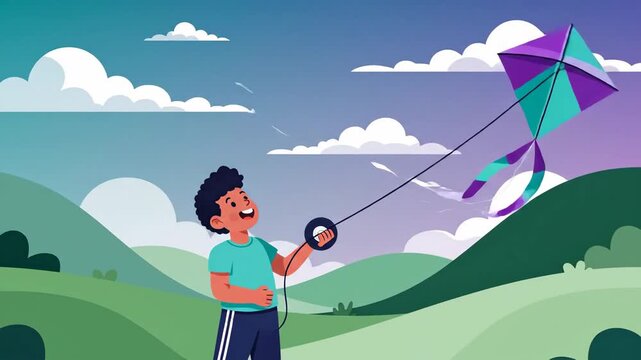 A Kid Flying A Colorful Kite During A Bright Day Outside With Green Hills