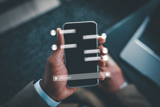Business smartphone chat interface with digital message icons and communication.