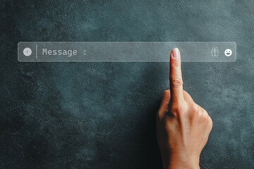 Finger touching message input bar on modern digital interface.