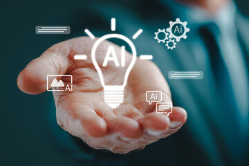 Hand presenting glowing AI lightbulb symbol representing digital innovation.
