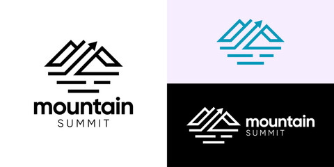 Creative simple mountain summit logo template. Geometric mountain with arrow up logo vector.