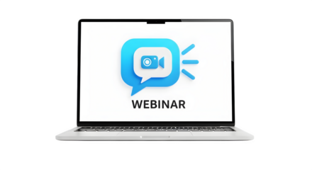 Webinar on laptop screen with speech bubble logo isolated on transparent background
