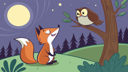 Whimsical Nighttime Forest Scene Featuring Cute Fox and Wise Owl Under Soft Moonlit Sky in Magical Children&rsquo;s Storybook Nature Illustration Artwork for Creative Designs
