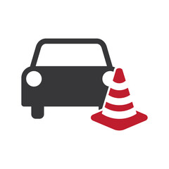 Isolated pictogram of car and a red-striped street cone used for traffic control, safety caution, road warning, construction zone marking, and hazard indication signage.
