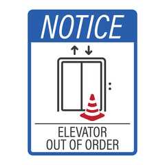 Notice label sign elevator with a traffic cone in front, symbolizing temporary out-of-service condition, broken lift warning, and maintenance safety notice.
