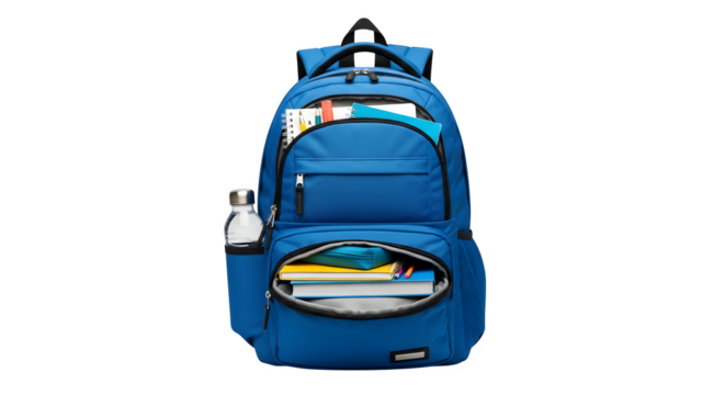 Blue school backpack with books and water bottle isolated on transparent background