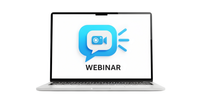 Webinar on laptop screen with speech bubble logo isolated on transparent background