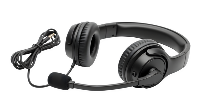Black gaming headset with microphone and cord isolated on transparent background