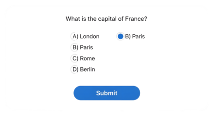 Online quiz interface with multiple choice question and submit button isolated on transparent background