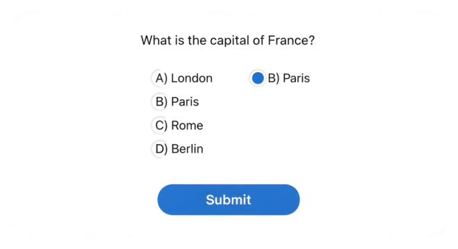 Online quiz interface with multiple choice question and submit button isolated on transparent background - Powered by Adobe