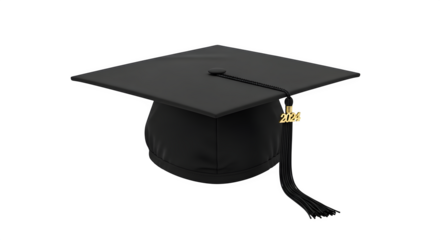 Black graduation cap with tassel isolated on transparent background for academic achievement