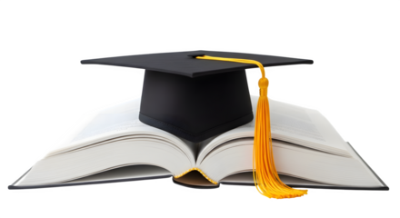 Graduation cap on open book symbolizing education and academic achievement isolated on transparent background