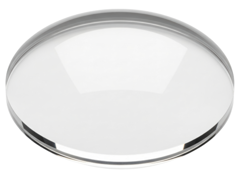 Circular transparent optical glass lens for magnifying vision use on a transparent background