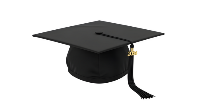 Black graduation cap with tassel isolated on transparent background for academic achievement