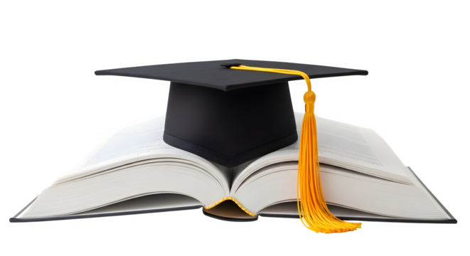 Graduation cap on open book symbolizing education and academic achievement isolated on transparent background