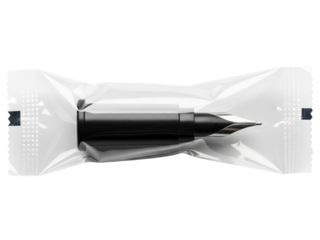 Black fountain pen nib section sealed in clear plastic wrapper on a transparent background