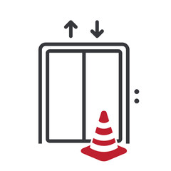 Isolated pictogram of an elevator with a traffic cone in front, symbolizing temporary out-of-service condition, broken lift warning, and maintenance safety notice.