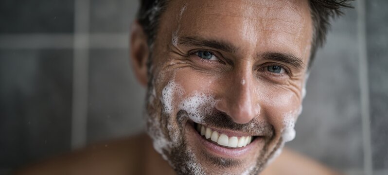 The man smiling with shaving foam on his face in a tiled shower