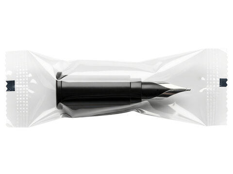 Black fountain pen nib section sealed in clear plastic wrapper on a transparent background
