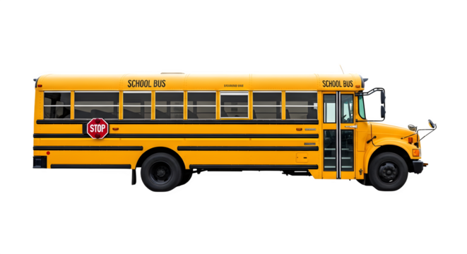 Classic yellow school bus isolated on transparent background for educational or transportation designs