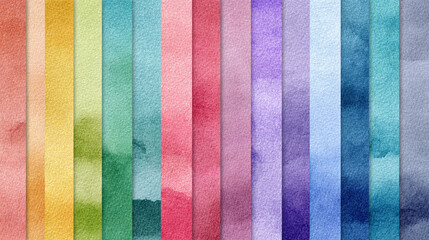 A collection of colorful watercolor paper strips arranged in a rainbow spectrum, creating a vibrant visual effect. The watercolor textures blend and overlap each other