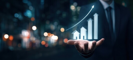 The Holographic Growth Chart Hovering Above a Businessperson's Open Hand at Night