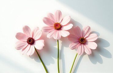 delicate arrangement three pale pink blooms ravaged centers exposed rests pristine white surface minimalist flat