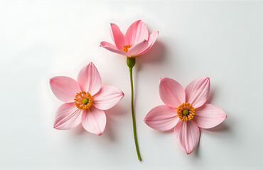 delicate arrangement three pale pink blooms ravaged centers exposed rests pristine white surface minimalist flat