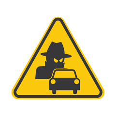 Caution sign a car with a mysterious hat-wearing intruder silhouette, symbolizing vehicle burglary risk, security alert, crime warning, and theft prevention.