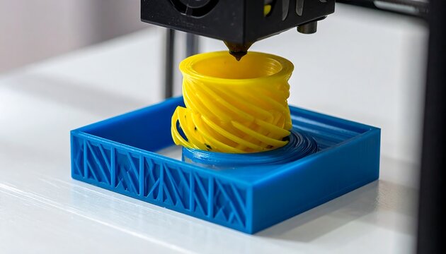 3D printer making a yellow vase with twisted design inside a blue patterned square on a white surface