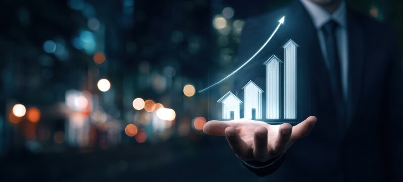 The Holographic Growth Chart Hovering Above a Businessperson's Open Hand at Night