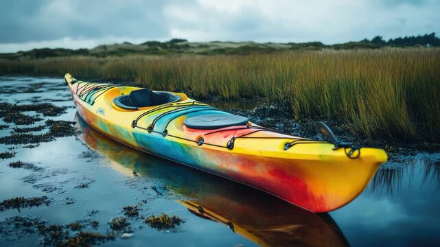 A vibrant canoe sits idle in tranquil waters with a hint of the wilderness in the background.