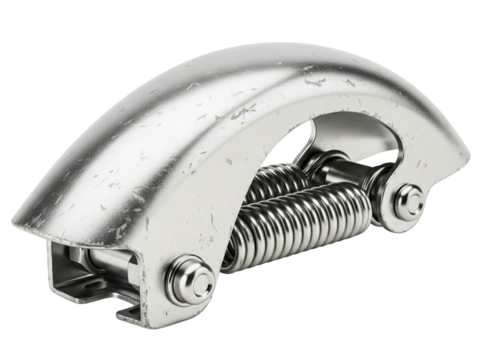 Silver steel spring latch mechanism for industrial door hardware on a transparent background