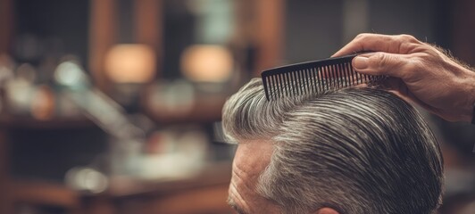 The Man's Grey Hair Being Combed At A Classic Barber Shop Chair