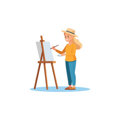 Fototapeta premium A woman with a hat painting on a canvas, showing her creativity and artistic talent expressing
