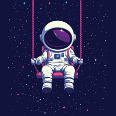 Cute astronaut sits on swing in space.Character design.Childish vector illustration , vector style simple color