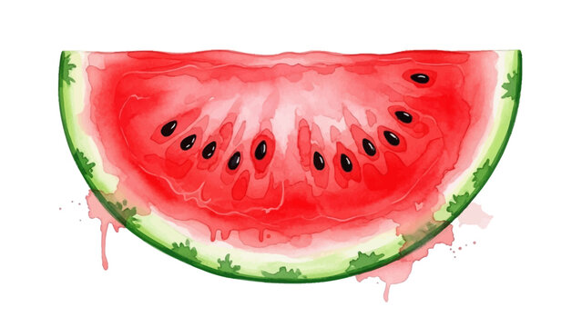 A vibrant watercolor illustration of a juicy slice of watermelon, with dripping red juice, perfect for summer themes