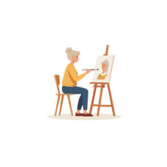 Fototapeta premium Elderly woman passionately engaged in portrait painting activity in her tranquil art studio