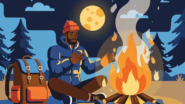 A Person Meditating Near Campfire in Forest at Night with Illustrative Artwork