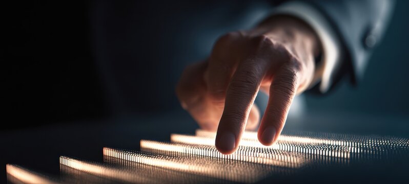The Hand Interacting With a Glowing Futuristic Touch Interface of Illuminated Digital Pins - Powered by Adobe