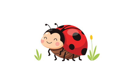 Obraz premium A cute, happy cartoon ladybug with a red shell and black spots smiles while standing on green grass next to a yellow flower.