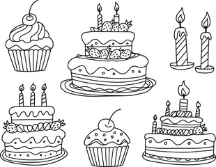 Assortment Of Doodle Style Birthday Cakes And Candles celebration party