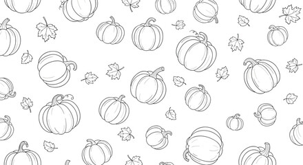 Seamless pattern with hand-drawn outline pumpkins and autumn leaves, perfect for fall season designs and coloring pages.