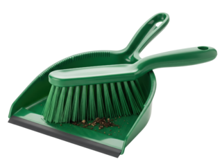 Green handheld cleaning brush and dustpan set with dirt particles on a transparent background
