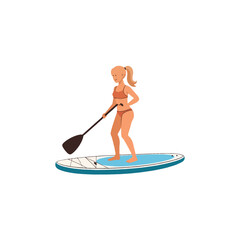Female figure paddleboarding on a teal board showing active lifestyle engaging in leisure on flat
