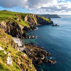 Fototapeta premium Dramatic Coastal Cliffs and Azure Waters - A Scenic Landscape of the Coastline.