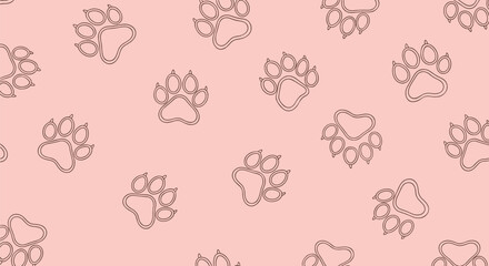 Cute seamless pattern of outlined paw prints on a light pink background, perfect for pet-related designs and textiles.