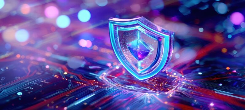 The Shield Emblem Representing Cybersecurity Protection on Futuristic Circuit Board Background