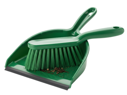 Green handheld cleaning brush and dustpan set with dirt particles on a transparent background