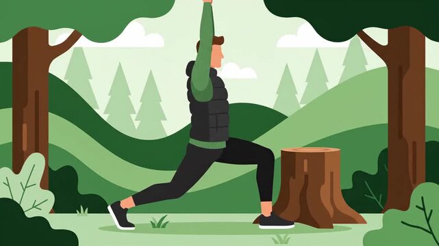 A Person Performing Exercise Poses In Forest With Tree Stumps and Nature Scenery